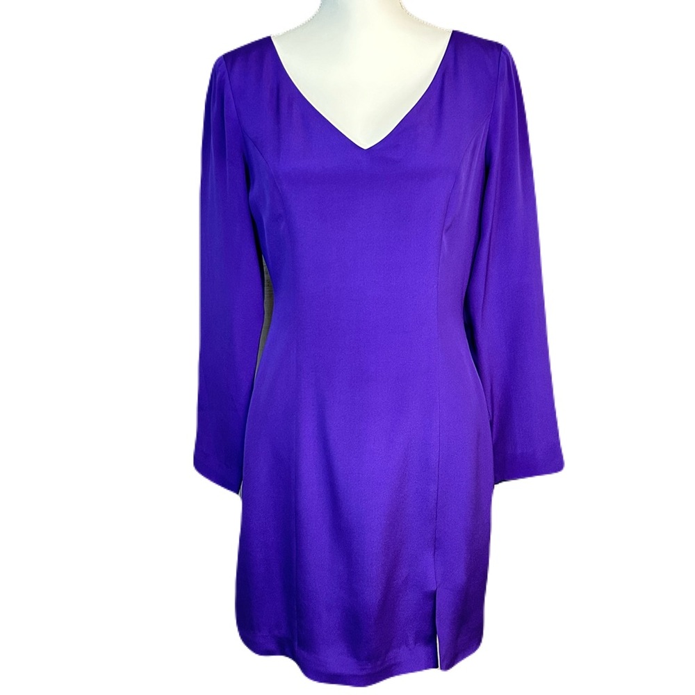 Hugo Buscati Purple Cocktail Shift Dress 100% Silk V-Neck Knee Length Satin 8